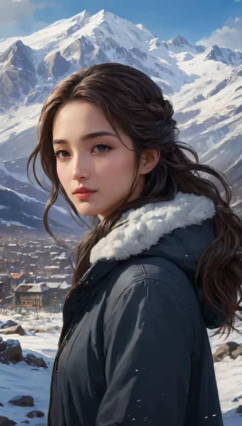 ((masterpiece)),highest quality, figure, dark, one girl, in the wilderness,a tall mountain,snow-capped mountains visible in the ...