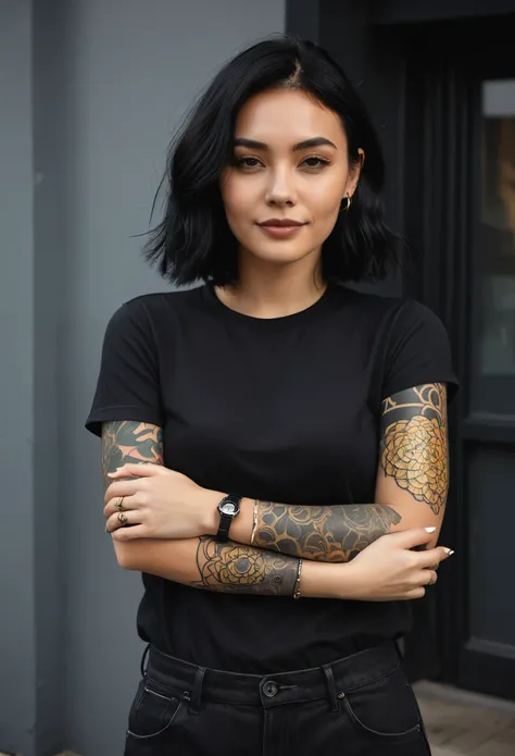 a woman in black shirt with her arms folded against , in the style of tattoo, normcore, dark silver and dark gold, happycore, focus on joints/connections, effortlessly chic, palewave --ar 9:16 --stylize 750 --v 6