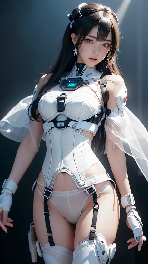 Japanese women、23 years old、Standing pose、Like the whole body、Moderately sized bust、(((Skimpy white synthetic cybernetic underwear、Non-lumpy arm cover、Leg protector、Steampunk details、)))、((Exposure of the abdomen and thighs))、((Transparent Panty House))、be...