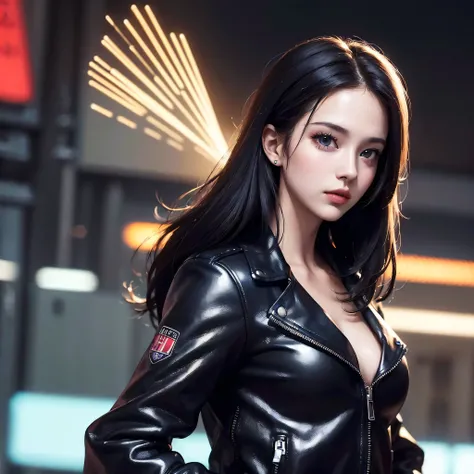 (Best Quality, Masterpiece, Ultra High Definition, High resolution, highly detailed, High Definition Face:1.5), 20-year-old woman, 1 beautiful woman, (Beautiful woman wearing a leather jacket, neon color fashion:1.2), beautiful eyes, light in the eyes, eye...