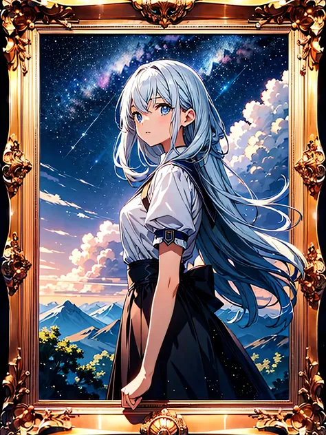 Absurd, High resolution, (Official Art, beautifully、aesthetic:1.2),One girl, (people is far away), Bright Sky, A vast world, stare, Awe-inspiring expressions, Distant Horizon, cloud, High Hill, Natural Beauty, Inspiration, Night Sky, Shining Star