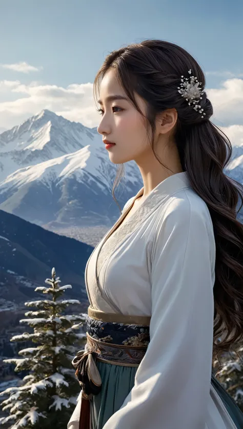 ((masterpiece)),Highest quality, figure, dark, One girl, In the wilderness,A tall mountain,Snow-capped mountains visible in the distance々, city, Beautiful attention to detail,  Beautiful detailed hair,