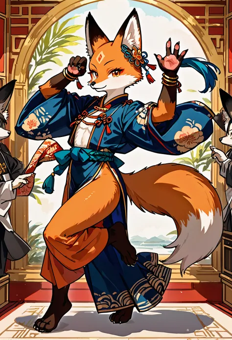 top quality, ancient Chinese beauty, absurdres, perfect anatomy, kemono, solo focus, furry anthro, fox facial features, fox body features, very detailed body fur, full body, dancing pose,