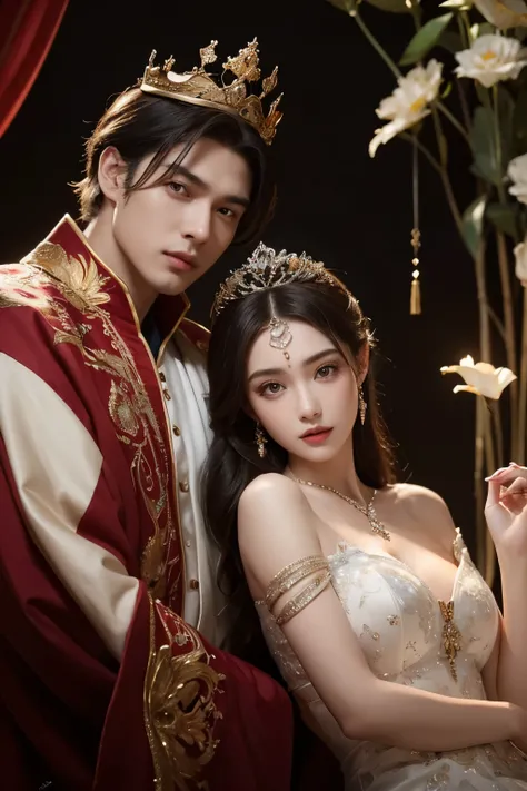 This artwork is a beautiful masterpiece featuring couples, including a vampire couples, with close-up and full-body shots and wear crown full jewerlys. The pretty girl and handsome boy very happy in wedding and looking the cameraman with their love passion...