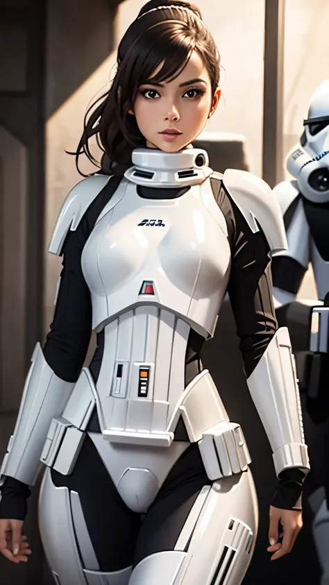 8k, 4k, high resolution, sharp, wearing shiny stormtrooper armor, a Star Wars imperial agent, wearing stormtrooper armor, imperial Star Wars style, storm trooper, stormtrooper, trooper, female stormtrooper, slender waist, medium breasts, wide hips, thigh g...