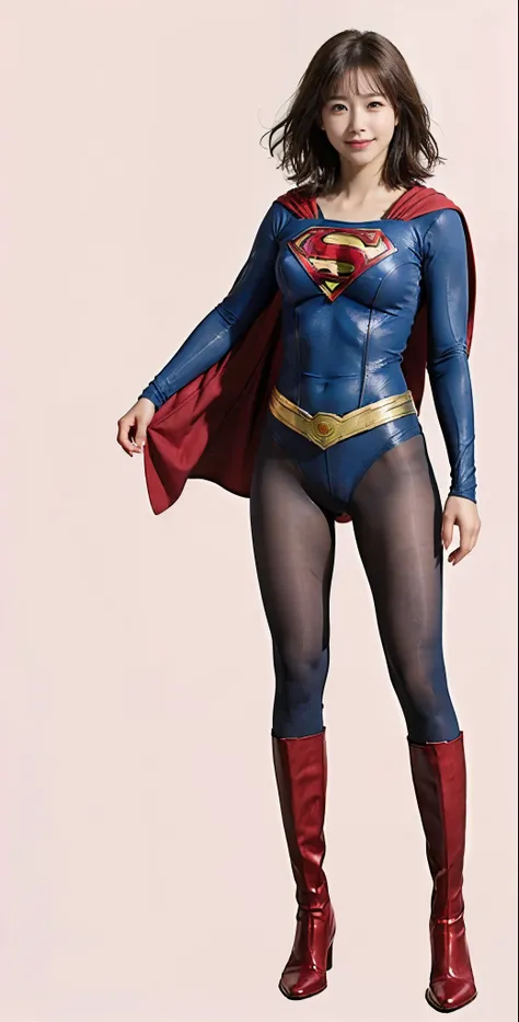 No background、(((Beautiful legs in black tights.)))、(((Legally express the beauty of your smile)))、((((Make the most of your original images)))、(((Supergirl Costume)))、(((Beautiful very short hair)))、(((suffering)))、(((Please wear black tights....、Wear red...