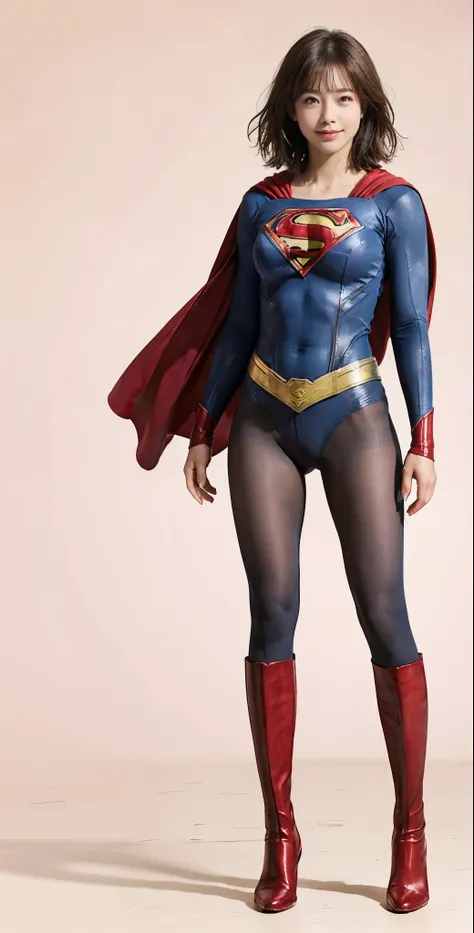 No background、(((Beautiful legs in black tights.)))、(((Legally express the beauty of your smile)))、((((Make the most of your original images)))、(((Supergirl Costume)))、(((Beautiful very short hair)))、(((suffering)))、(((Please wear black tights....、Wear red...