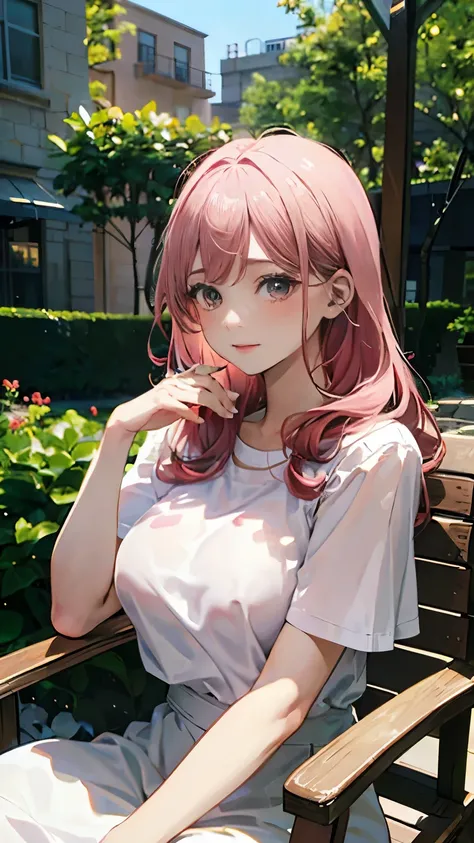 (masterpiece:1.2, Top quality),, Nice illustration, (Natural side Light, Light), 
Looking at the audience, 1 girl,Protruding nipples， Pink hair，White shirt clothes，Large Breasts，Nipple protrusion 2:1，She sits in a garden chair，Protruding nipples:2.5，Genita...