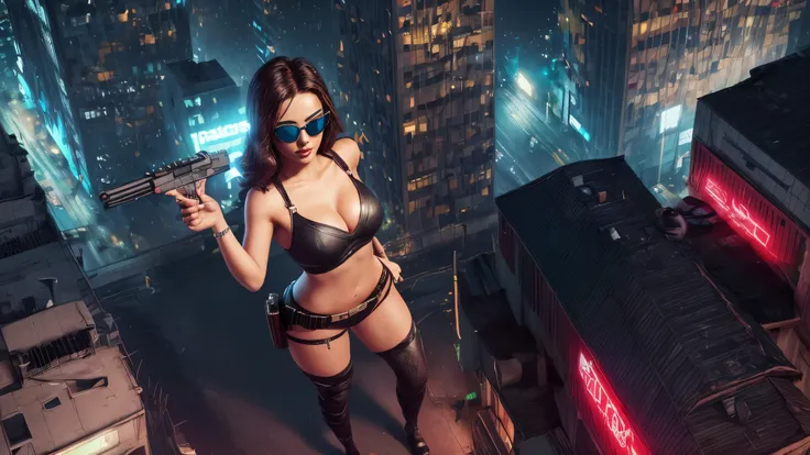 (((at night))), FPS gaming screen view, rooftop, (((high angle view))) of cyberpunk city, unreal engine 5 rendering, (((1Girl, solo))), large breasts, Chest exposed, breast cleavage, wide open ass, slim waist, dynamic seductive pose, ((​masterpiece:1.2)), ...