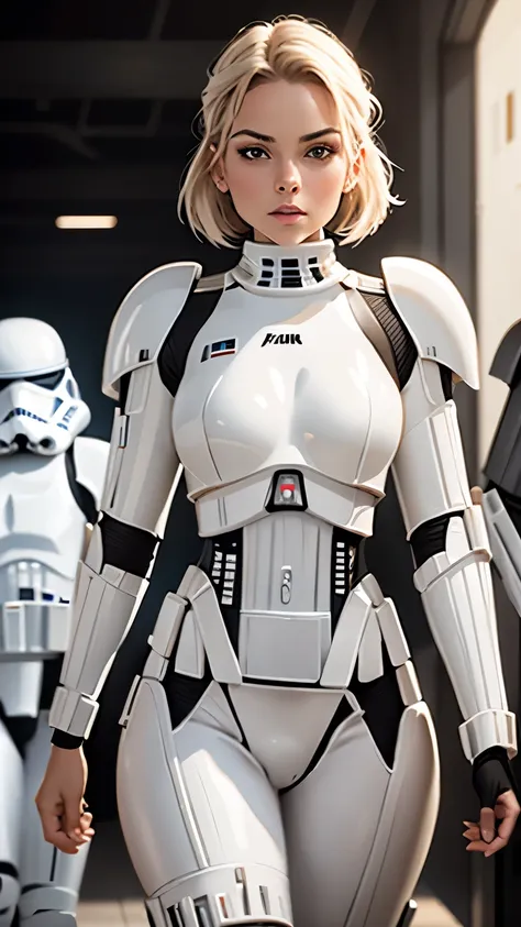 8k, 4k, high resolution, sharp, wearing shiny stormtrooper armor, a Star Wars imperial agent, wearing stormtrooper armor, imperial Star Wars style, storm trooper, stormtrooper, trooper, female stormtrooper, slender waist, medium breasts, wide hips, thigh g...