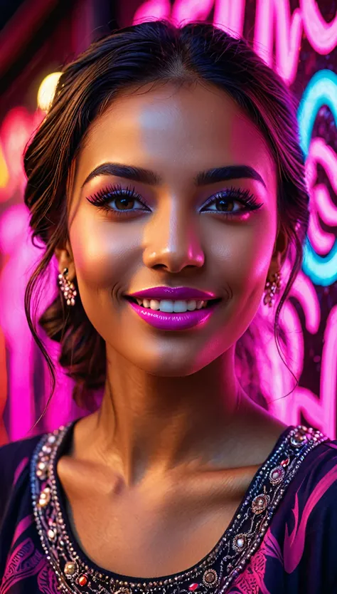 a detailed and ornate portrait of a young woman with a warm, radiant smile, set against a vibrant neon pink graffiti-covered backdrop in a dark night scene, with bright glowing eyes and a striking purple lighting effect, (best quality,4k,8k,highres,masterp...