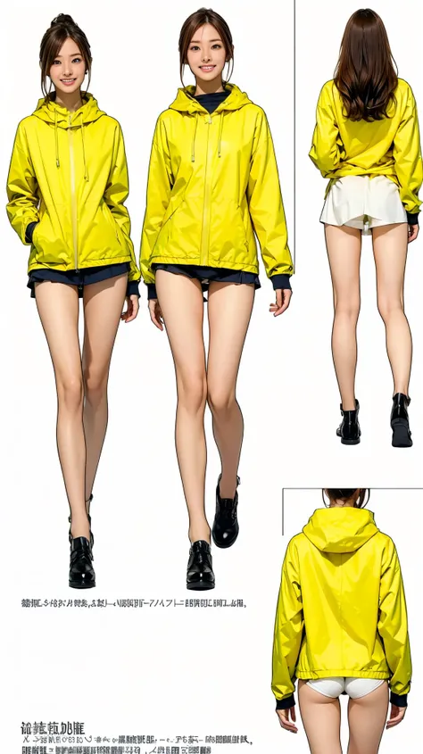 ((masterpiece)),(((Highest quality))),((Character design sheet)), Thin thighs,Long legs,18 year old Japanese girl, Cute type,The best smile:1.5、White and yellow long parka:1.5, Black panties peek:1.5，Short cut side wave , Walking、