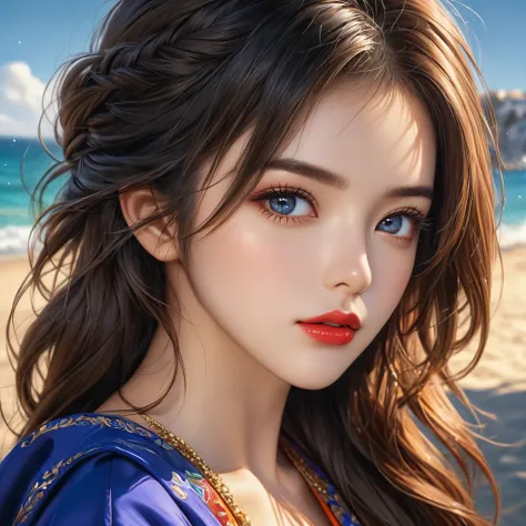 (best quality,8k,hyperrealism:1.2),vibrant colors, sharp focus, insanely detailed, studio lighting, ultra-fine painting, hair blowing in the wind, stunningly realistic eyes and lips, perfect facial proportions, meticulous skin texture, long eyelashes, expr...