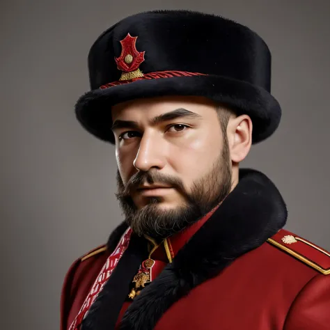 arafed man in a fur hat and a red ribbon, wearing russian ww 1 clothes, roman shipunov, he‘s wearing a red neckerchief, soviet military, vladimir krisetskiy, knyazev konstantin, inspired by Ilya Ostroukhov, inspired by Vladimir Borovikovsky, inspired by Pa...