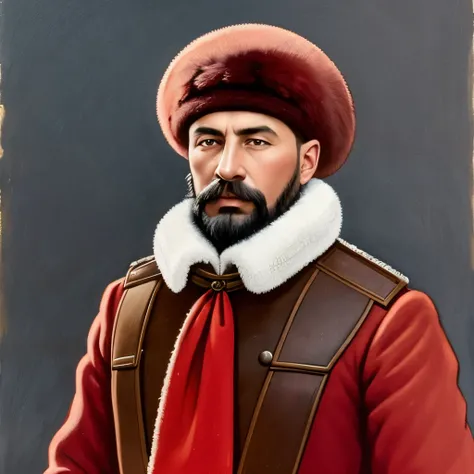 arafed man in a fur hat and a red ribbon, wearing russian ww 1 clothes, roman shipunov, he‘s wearing a red neckerchief, soviet military, vladimir krisetskiy, knyazev konstantin, inspired by Ilya Ostroukhov, inspired by Vladimir Borovikovsky, inspired by Pa...