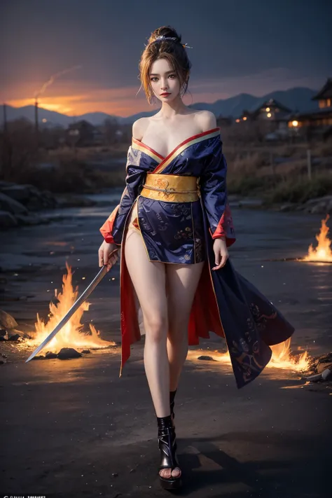 (raw shooting, photoreal:1.5, 8k, highest quality, masterpiece, ultra high resolution), sengoku, fire, wars flaring up everywher...