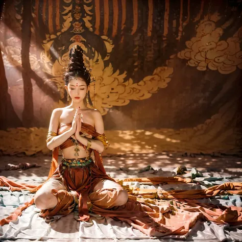 naked tantric female bodhisattva sitting cross-legged on an altar meditating,（sweating all over）, （hands together），perform a sac...