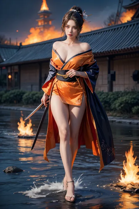 (raw shooting, photoreal:1.5, 8k, highest quality, masterpiece, ultra high resolution), sengoku, fire, wars flaring up everywher...