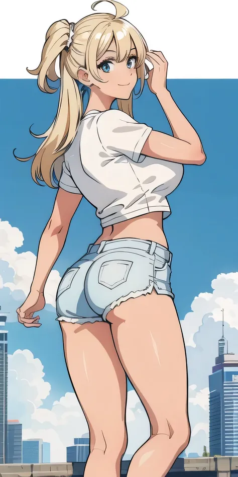 (maximum quality, work of art), 1 girl, 30 years old, splendid, ssmile, hair long blonde, suntanned, citys, White sneakers, shorts, tight t-shirt, Wart, big fit ass, medium sized breasts, clear areola, bunda big fit ass