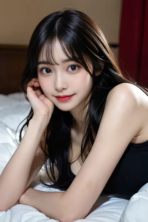 soine,large breasts,thin,cute face,big eyes,drooping eyes,thin eyebrows,thin lips,large eye bags,smiling,naughty expression,medium hair,black hair,eyes,high quality,photorealistic,dslr,masterpiece,highly detailed,japanese,beautiful woman,14 years old girl,...