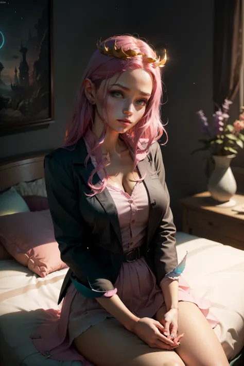 A young woman like a fairy with pink hair, sitting on the bed wearing a sexy black blazer, looking like a teacher, Fantasy Theme, em uma flowersta mágica, flowers (((master part))), (((best qualityer))), ((ultra detali)),(highly detailed CG illustration)...