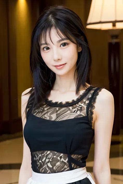 A skinny Japanese woman, {30|40} years old, 1girl, cute face, slight smile, ((detailed face, detailed eyes)), black {short|long} hair, medium breasts, very thin waist, correct human body structure, See-through lace mini dress, standing in a hotel lobby, (f...