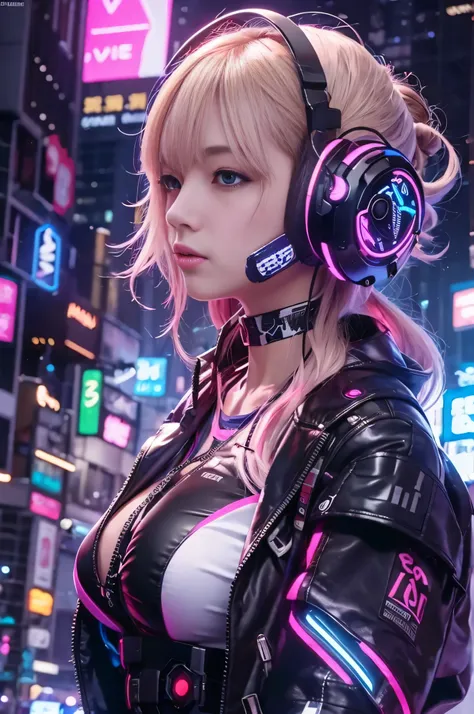 (Raw quality:1.4), Highest quality，masterpiece，16K，One Girl,blue eyes,chest,Brown Hair,cyber punk,Shine,Headphones,Long Hair,Realistic,Half exposed chest, Big Breasts, Wide-area blue phosphor structure on shoulder,Illuminated mechanical structure under the...