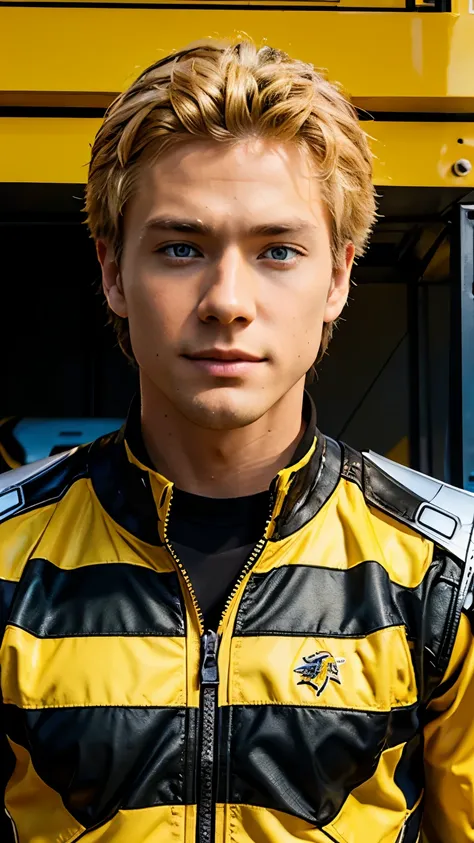 transformers, bumblebee, bumblebee in human form, blonde boy, handsome, outfit black and yellow, blue eyes, handsome guy, bumble...