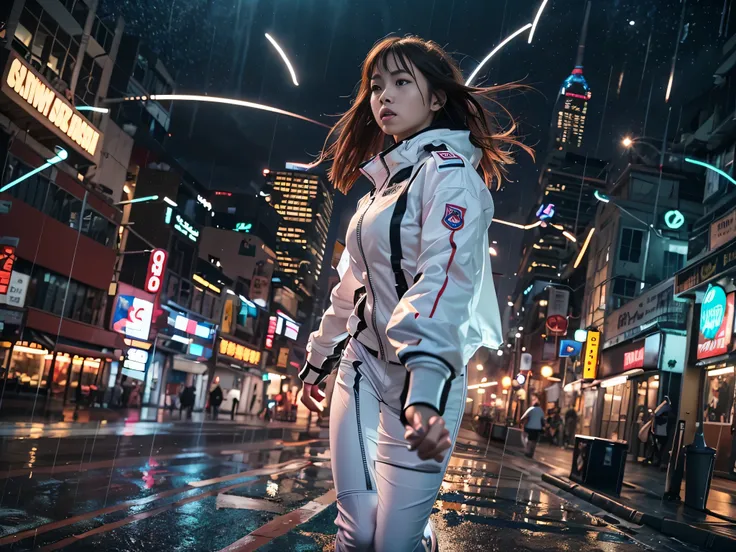 (Raw quality:1.4), Best image quality, Cinema Lighting, Octane Rendering, Ultra Sharp, 1 girl, Japanese, Troubled face, Glowing Skin, Detained fugitives, (Running at full speed:1.4), Brown Hair, Shortcuts, All-white pilot suit:1.3, Cleavage, cyber punk, A ...