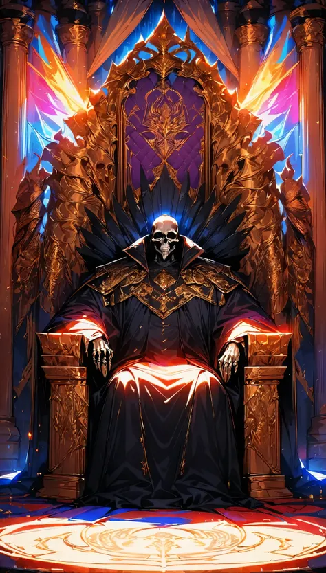 The king of skeletons sitting on a throne, Ritchie, Immortal King, Luxurious throne, Royal residence, Symbol of authority, The raised tapestry, High-quality texture, A sacred atmosphere, Throne Room, Magnificent light effects, Fanatics, Servant, (Highest q...