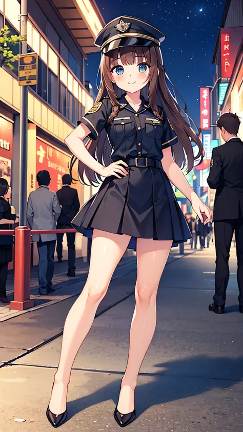 {Highest quality], [Super beautiful], [Ultra fine], [Best illustration], NSFW,Brown Hair, Hime cut,Braid, Long Hair, With bangs, girl, Uniform cap,Security uniform, smile, blush, Slender women,Short sleeve,Long straight skirt, Adult women,Strike a Pose,(Pu...