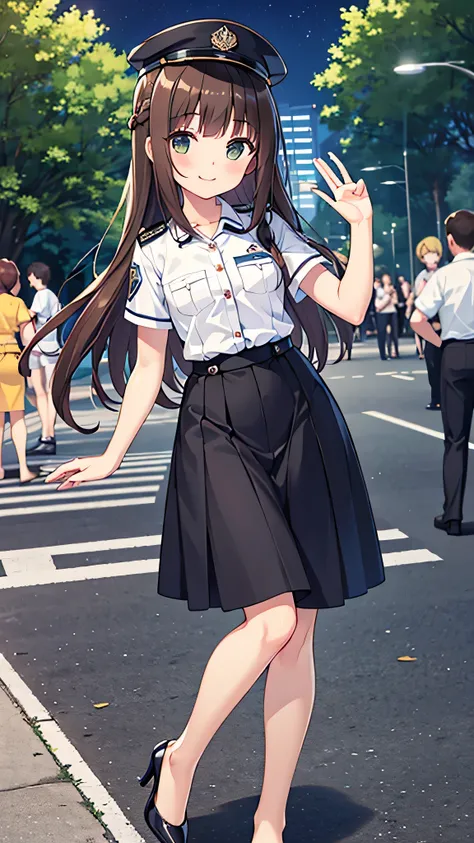 {Highest quality], [Super beautiful], [Ultra fine], [Best illustration], NSFW,Brown Hair, Hime cut,Braid, Long Hair, With bangs, girl, Uniform cap,Security uniform, smile, blush, Slender women,Short sleeve,Long straight skirt, Adult women,Strike a Pose,(Pu...