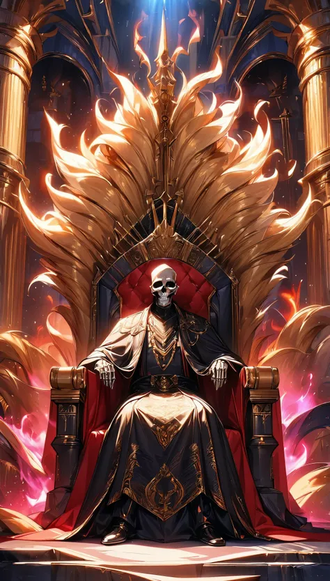 The king of skeletons sitting on a throne, Ritchie, Immortal King, Wearable Jewelry, Aura of Emergence, Light effects, Luxurious throne, Royal residence, Symbol of authority, The raised tapestry, High-quality texture, A sacred atmosphere, Throne Room, Magn...