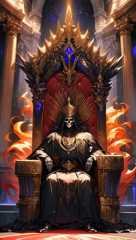 The king of skeletons sitting on a throne, Ritchie, Immortal King, Wearable Jewelry, Aura of Emergence, Light effects, Luxurious throne, Royal residence, Symbol of authority, The raised tapestry, High-quality texture, A sacred atmosphere, Throne Room, Magn...