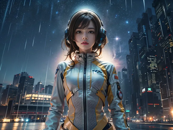 (RAW quality:1.4), Best image quality, Cinema Lighting, Octane Rendering, Ultra Sharp, 1 girl, Japanese, Troubled face, Glowing Skin, Detained fugitives, (Running at full speed:1.4), Brown Hair, Shortcuts, All-white pilot suit:1.3, Cleavage, cyber punk, A ...