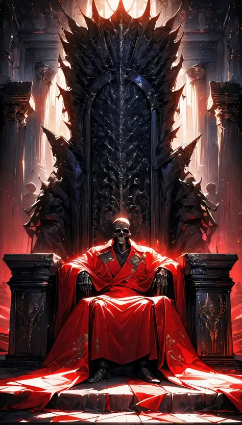 The king of skeletons sitting on a throne, Ritchie, Immortal King, Luxurious throne, Royal residence, Symbol of authority, The raised tapestry, High-quality texture, A sacred atmosphere, Throne Room, Magnificent light effects, Fanatics, Servant, (Highest q...