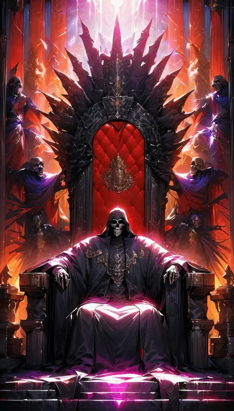 The king of skeletons sitting on a throne, Ritchie, Immortal King, Luxurious throne, Royal residence, Symbol of authority, The raised tapestry, High-quality texture, A sacred atmosphere, Throne Room, Magnificent light effects, Fanatics, Servant, (Highest q...