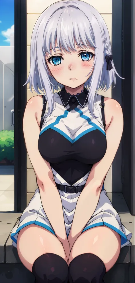1 girl, kanon kanase, , blush, medium breasts, sleeveless,((stylish outfit, dress)), sitting, 20-year-old, healthy skin. Upper_body.