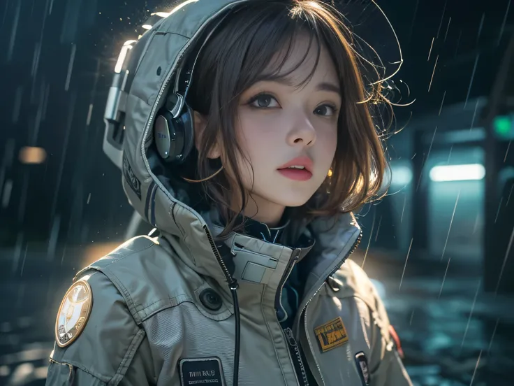 (RAW quality:1.4), Best image quality, Cinema Lighting, Octane Rendering, Ultra Sharp, 1 girl, Japanese, Troubled face, Glowing Skin, Detained fugitives, (Running at full speed:1.4), Brown Hair, Shortcuts, All-white pilot suit:1.3, Cleavage, cyber punk, A ...