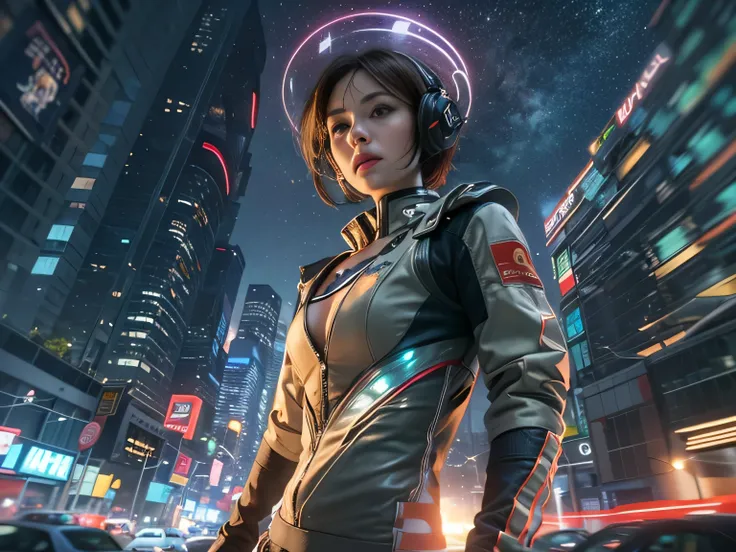 (RAW quality:1.4), Best image quality, Cinema Lighting, Octane Rendering, Ultra Sharp, 1 girl, Japanese, Troubled face, Glowing Skin, Detained fugitives, (Running at full speed:1.4), Brown Hair, Shortcuts, All-white pilot suit:1.3, Cleavage, cyber punk, A ...