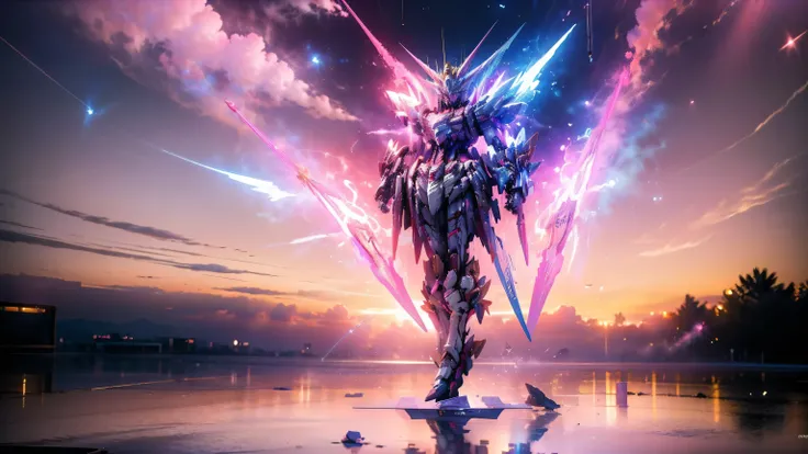 Real、high resolution、8K、The Strike Freedom Gundam stands in space emitting pink light particles.、Particles of light surround the aircraft、Facing the camera、（Female humanoid giant robot）、
