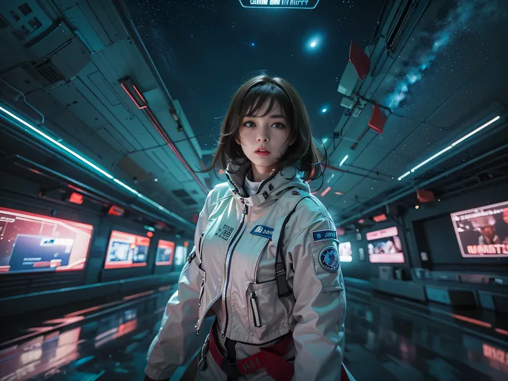 (RAW quality:1.4), Best image quality, Cinema Lighting, Octane Rendering, Ultra Sharp, 1 girl, Japanese, Troubled face, Glowing Skin, Detained fugitives, (Running at full speed:1.4), Brown Hair, Shortcuts, All-white pilot suit:1.3, Cleavage, cyber punk, A ...