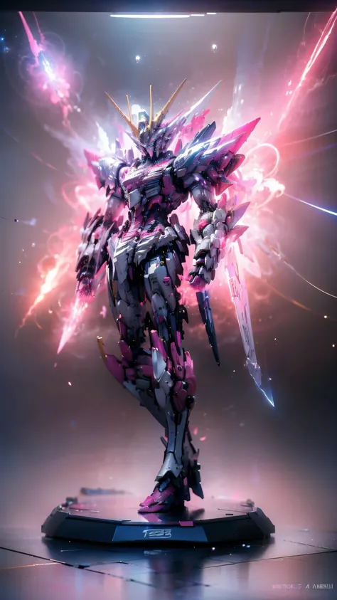 Real、high resolution、8K、The Strike Freedom Gundam stands in space emitting pink light particles.、Particles of light surround the aircraft、Facing the camera、（Female humanoid giant robot）、
