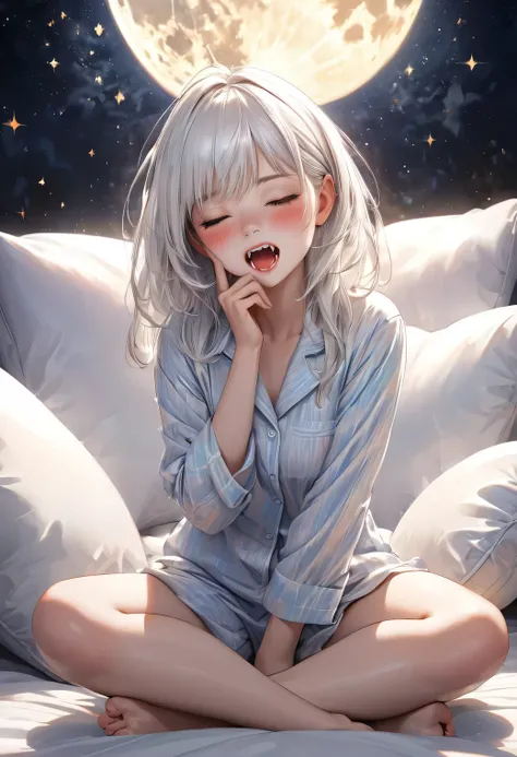 masterpiece:1.2, highres, highest quality, 16k, ultra-realistic, photorealistic:1.37, beautiful detailed, Vibrant colorful paintings, illustrations, ligne claire, dreamy, colorful:1.3, perfect composition, pleasant, yawn:1.5, hand on mouth:1.2, cute fangs:...