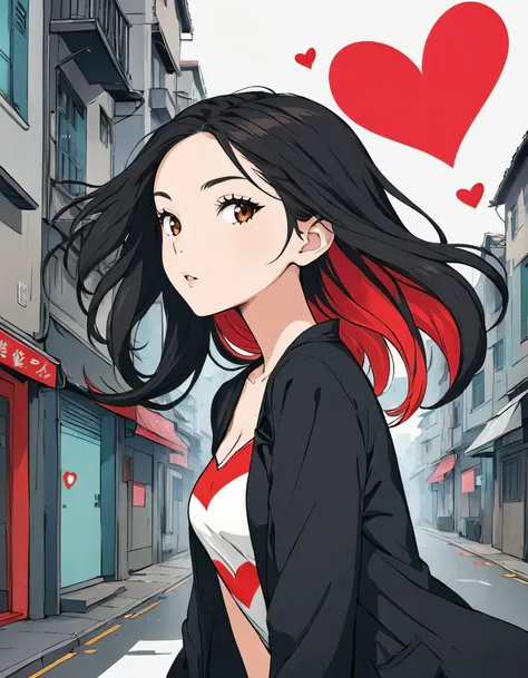 Black Star Red and White style, Simple Line Initialism，Abstract art，Urban Background, colorful hearts ,(((The most beautiful girl of all time))),