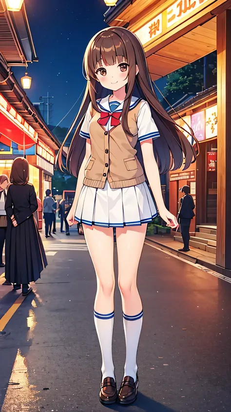 {Highest quality], [Super beautiful], [Ultra fine], [Best illustration], NSFW,Brown Hair, Hime cut, Long Hair, With bangs, girl,,uniform,knit cardigan,Short sleeve,skirt,smile, blush, Slender women,Standing posture,(Public),Night Park,Summer festival,diago...