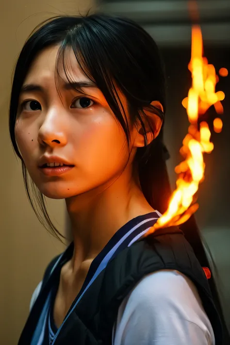 ((correct human body structure)), (detailed face, detailed eyes), a japanese woman, a look of sorrow, background on fire, blazin...