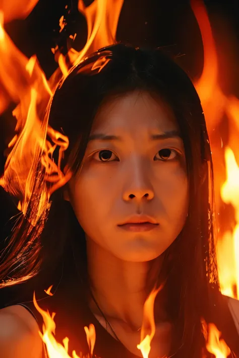 ((Correct human body structure)), (detailed face, detailed eyes), A Japanese woman, a look of sorrow, background on fire, blazing up