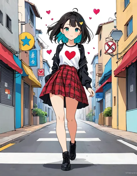 Black Star Red and White style, Simple Line Initialism，Abstract art，Urban Background, colorful hearts ,(((The most beautiful girl of all time))), walking, Cute and colorful amoeba