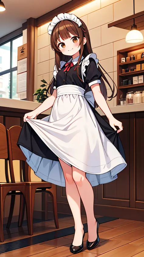 {Highest quality], [Super beautiful], [Ultra fine], [Best illustration], NSFW,Brown Hair, Hime cut, Long Hair, With bangs, girl, smile, blush, Slender women,Maid clothes,Short sleeve,Long straight skirt, Adult women,Coffee shop,diagonal,Bare feet and pumps...